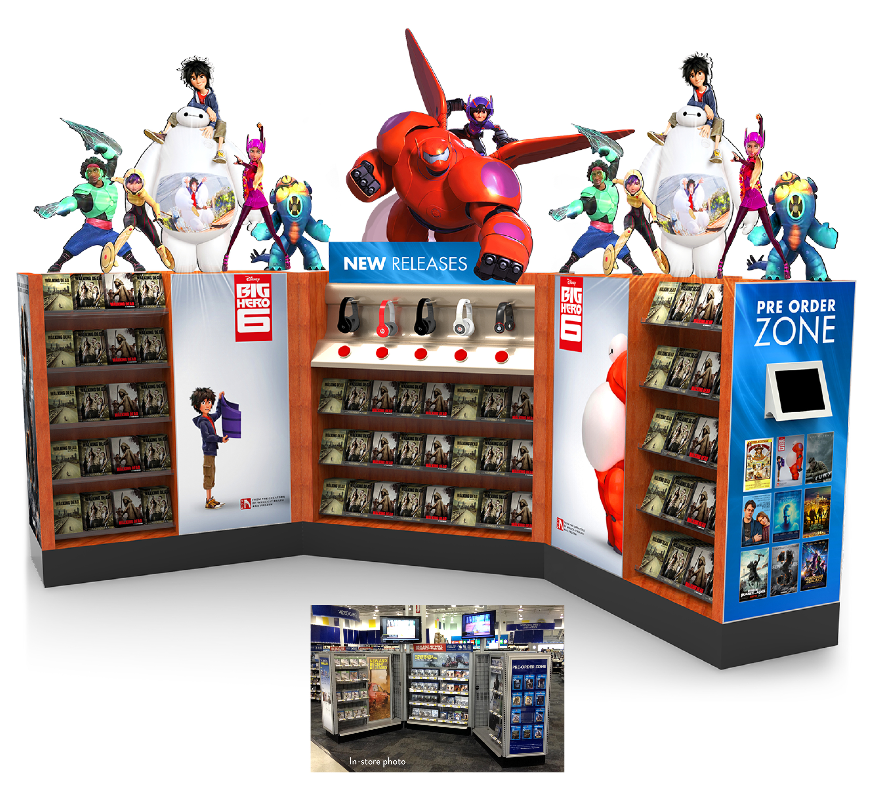 Best Buy Big Hero 6 retail display concept with dimensional characters, new-release merchandising, and an in-store installation photograph