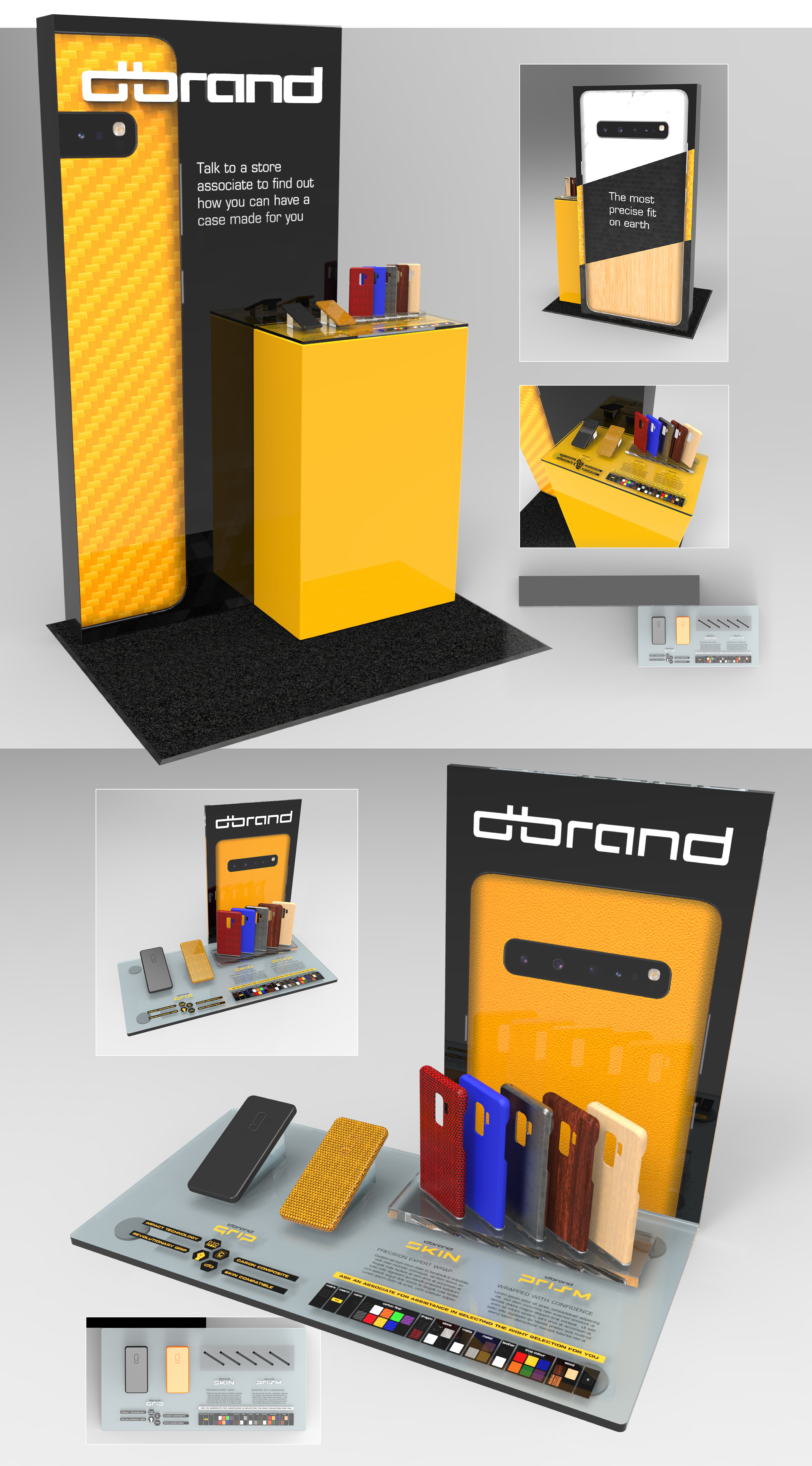 DBRAND phone case retail display concepts shown as a floor standee and tabletop unit