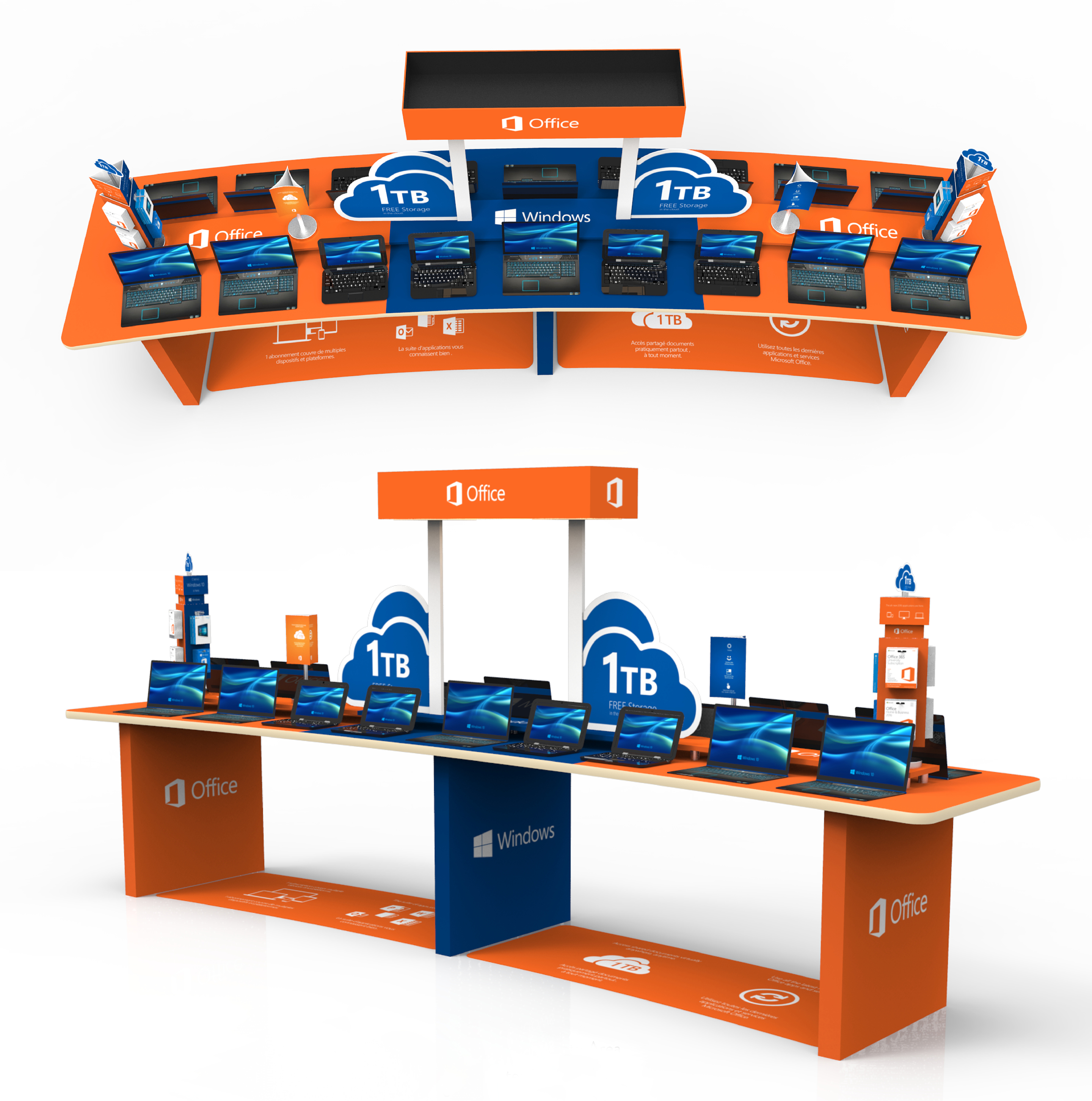 Staples Microsoft Office 365 launch fixture shown as a sixteen-foot curved table with laptops, cloud messaging, and central Windows branding