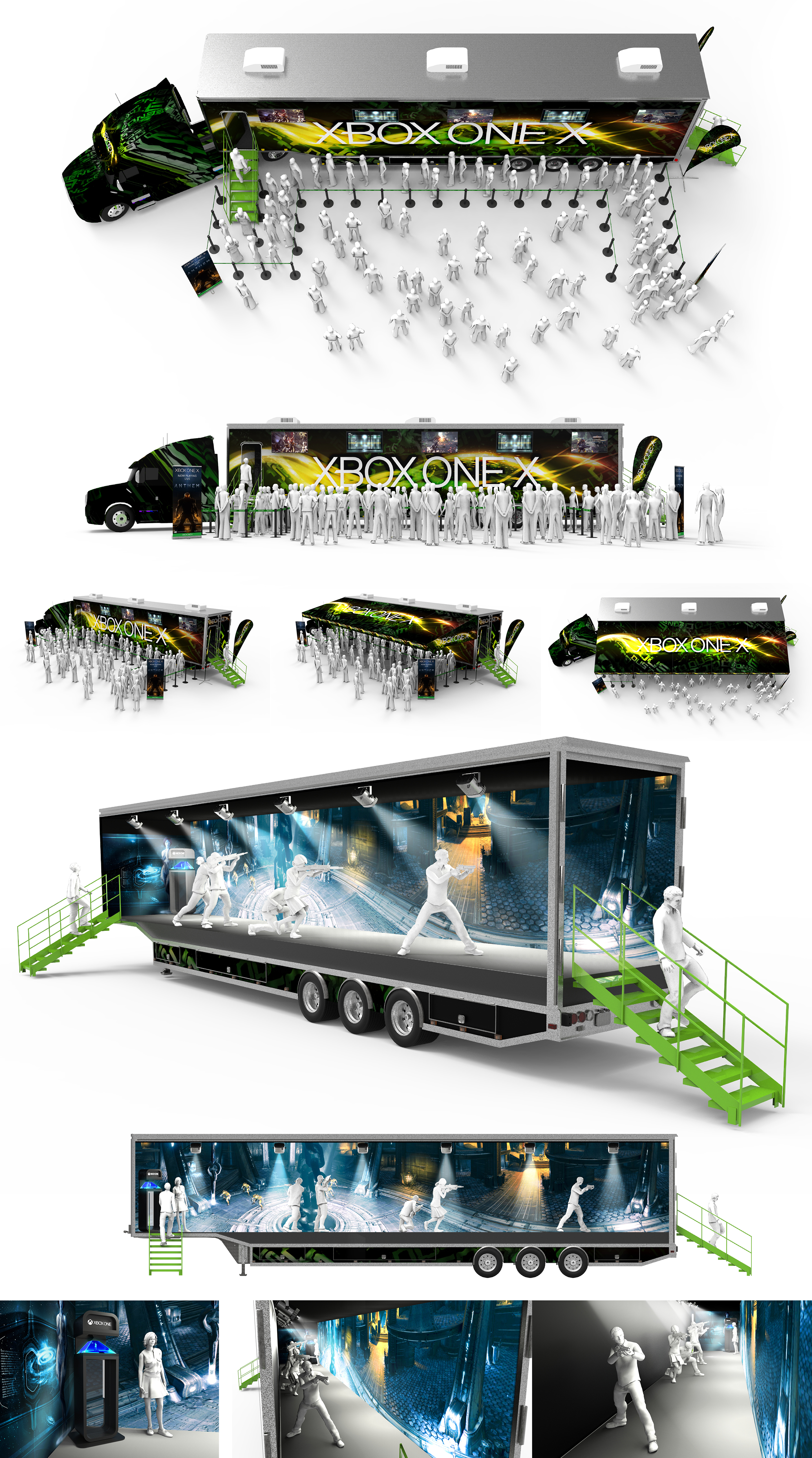 Xbox One X Console Release Tour concept showing a 53-foot mobile activation, crowd management, exterior views, and an immersive interactive gaming environment inside the trailer